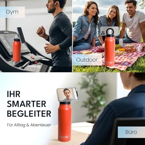NooMii Edelstahl Trinkflasche – 800ml Wasserflasche mit magnetischem Deckel & Strohhalm - Ideal für Büro & Sport (Schwar
