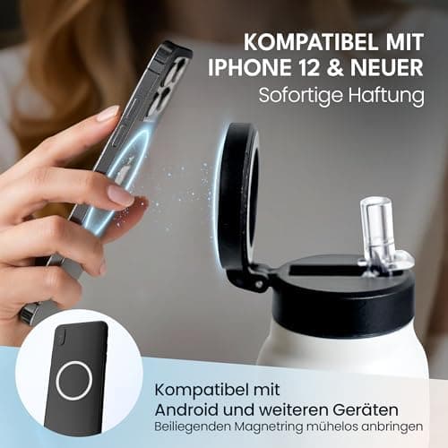 NooMii Edelstahl Trinkflasche – 800ml Wasserflasche mit magnetischem Deckel & Strohhalm - Ideal für Büro & Sport (Schwar