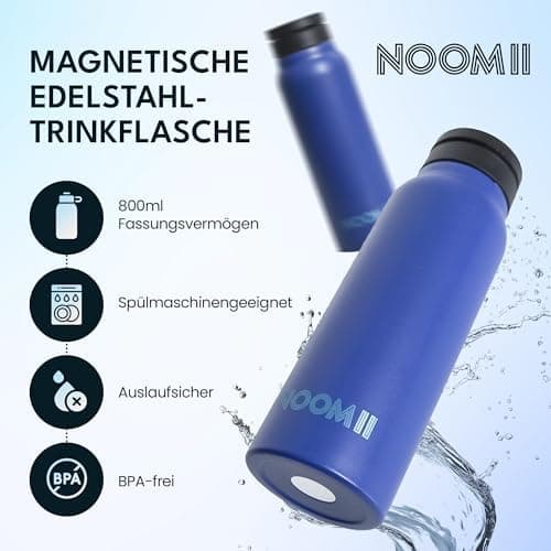 NooMii Edelstahl Trinkflasche – 800ml Wasserflasche mit magnetischem Deckel & Strohhalm - Ideal für Büro & Sport (Schwar