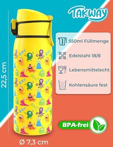 Edelstahl Trinkflasche Kinder 550ml - Auslaufsicher, isoliert und Kohlensäure geeignet - Schul- und Sportsituationensopt