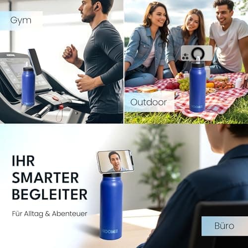 NooMii Edelstahl Trinkflasche – 800ml Wasserflasche mit magnetischem Deckel & Strohhalm - Ideal für Büro & Sport (Schwar
