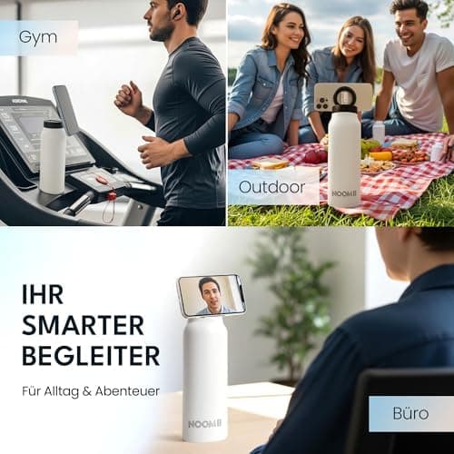 NooMii Edelstahl Trinkflasche – 800ml Wasserflasche mit magnetischem Deckel & Strohhalm - Ideal für Büro & Sport (Schwar