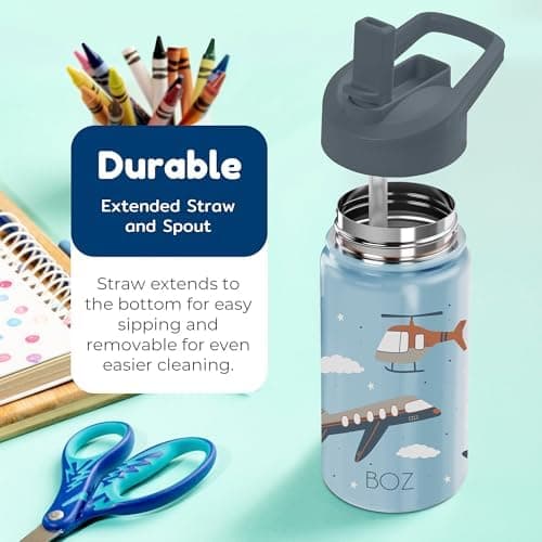 BOZ Isolierte Wasserflasche für Kinder | Edelstahl, doppelwandig, 414 ml | Praktisch und bequem mit Strohhalm-Deckel