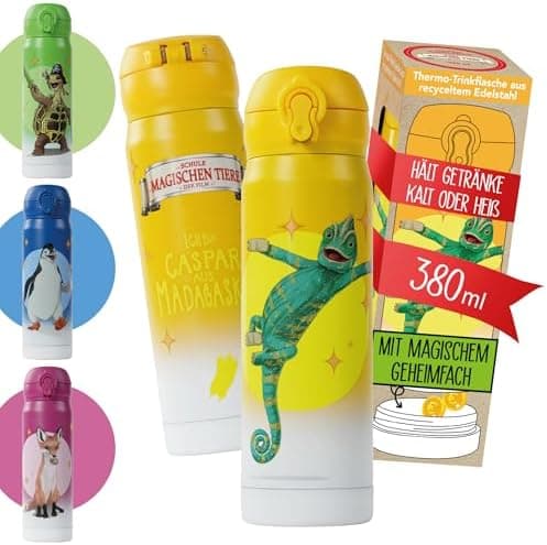 AWAVE Schule Magische Tiere Trinkflasche Kinder Edelstahl 380ml Blau Kohlensäure geeignet Thermosflasche Juri Einhandöff