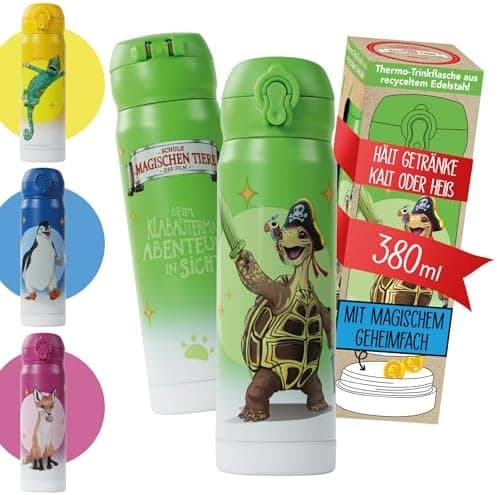 AWAVE Schule Magische Tiere Trinkflasche Kinder Edelstahl 380ml Blau Kohlensäure geeignet Thermosflasche Juri Einhandöff