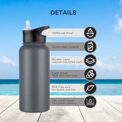 Edelstahl Trinkflasche - 1L - mit Strohhalm, BPA frei Thermosflasche,Vakuum Doppelwandisolierung für Sport,Schule und Fa