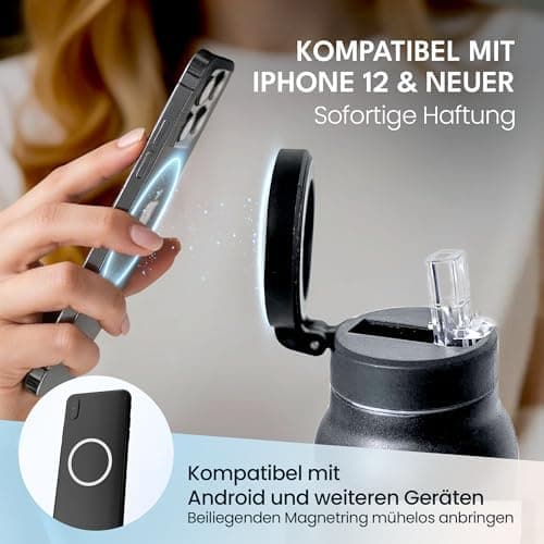 NooMii Edelstahl Trinkflasche – 800ml Wasserflasche mit magnetischem Deckel & Strohhalm - Ideal für Büro & Sport (Schwar