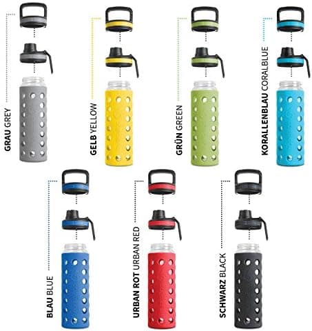 Hydro2go Glas-Trinkflasche mit Silikonhülle – Spülmaschinenfest, 100% Auslaufsicher & BPA-frei – Ideal für Kinder & Fami