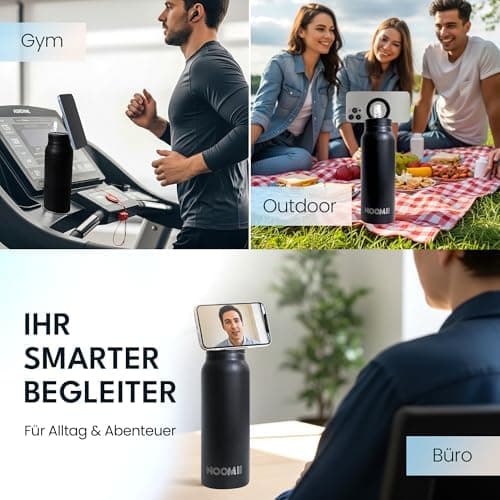 NooMii Edelstahl Trinkflasche – 800ml Wasserflasche mit magnetischem Deckel & Strohhalm - Ideal für Büro & Sport (Schwar