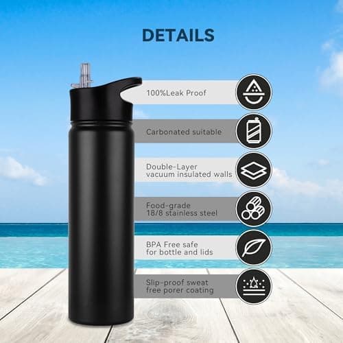 Edelstahl Trinkflasche - 1L - mit Strohhalm, BPA frei Thermosflasche,Vakuum Doppelwandisolierung für Sport,Schule und Fa