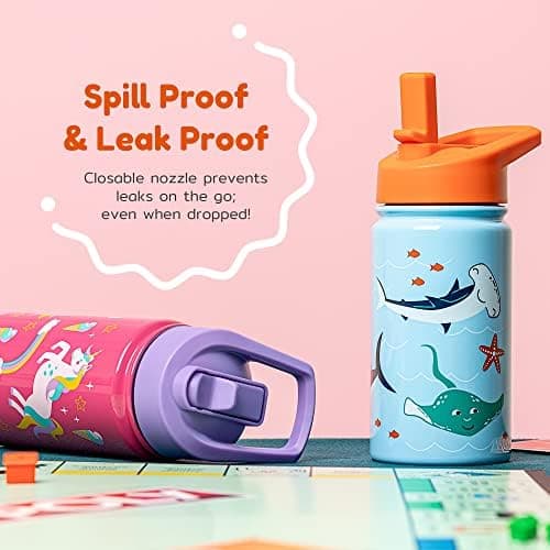 BOZ Isolierte Wasserflasche für Kinder | Edelstahl, doppelwandig, 414 ml | Praktisch und bequem mit Strohhalm-Deckel
