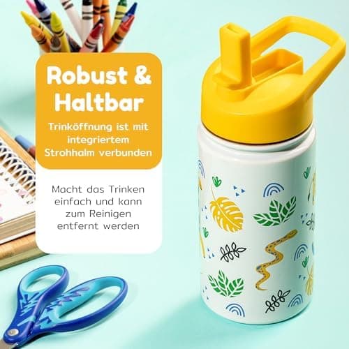BOZ Isolierte Wasserflasche für Kinder | Edelstahl, doppelwandig, 414 ml | Praktisch und bequem mit Strohhalm-Deckel
