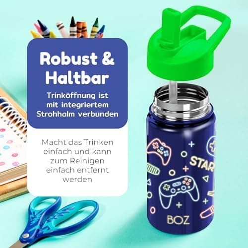 BOZ Isolierte Wasserflasche für Kinder | Edelstahl, doppelwandig, 414 ml | Praktisch und bequem mit Strohhalm-Deckel
