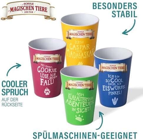 AWAVE Kinder Tasse Set | 4-teilig | 250 ml rPET Henkelbecher | Fuchs Rabbat Pinguin Juri Schildkröte Henrietta Chamäleon