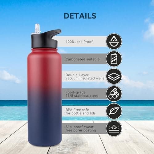 Edelstahl Trinkflasche - 1L - mit Strohhalm, BPA frei Thermosflasche,Vakuum Doppelwandisolierung für Sport,Schule und Fa