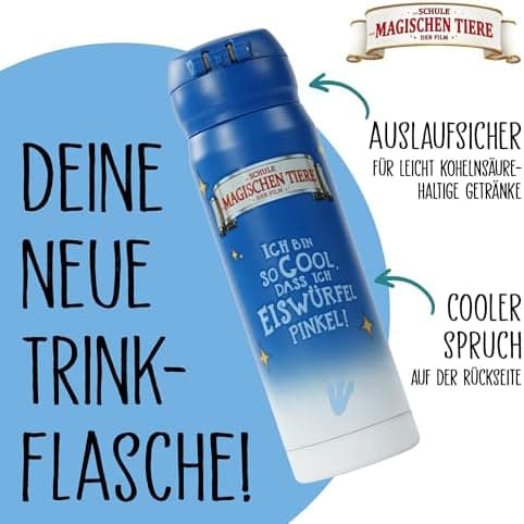 AWAVE Schule Magische Tiere Trinkflasche Kinder Edelstahl 380ml Blau Kohlensäure geeignet Thermosflasche Juri Einhandöff