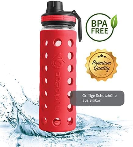 Hydro2go Glas-Trinkflasche mit Silikonhülle – Spülmaschinenfest, 100% Auslaufsicher & BPA-frei – Ideal für Kinder & Fami