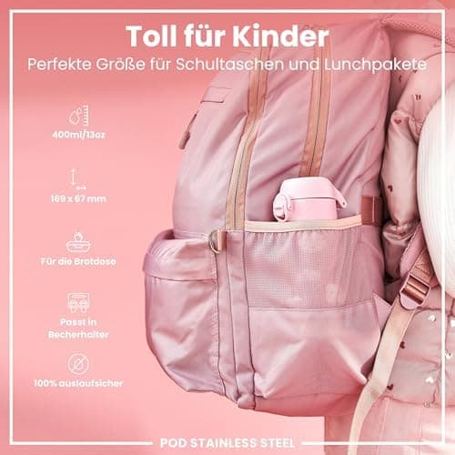 ION8 Kinder Trinkflasche Edelstahl Leicht 400ml Spülmaschinenfest Sichere Verriegelung