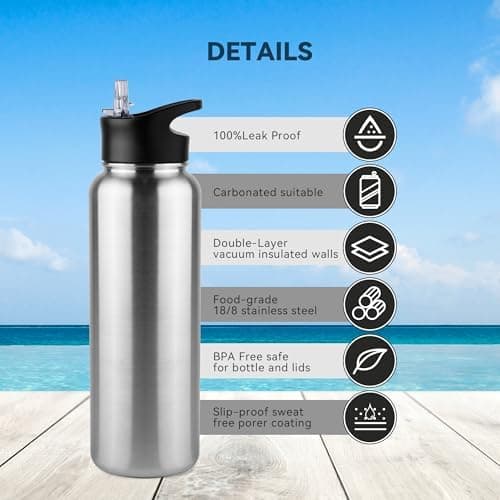 Edelstahl Trinkflasche - 1L - mit Strohhalm, BPA frei Thermosflasche,Vakuum Doppelwandisolierung für Sport,Schule und Fa