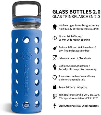 Hydro2go Glas-Trinkflasche mit Silikonhülle – Spülmaschinenfest, 100% Auslaufsicher & BPA-frei – Ideal für Kinder & Fami