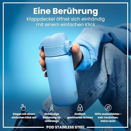 ion8 Kinder Trinkflasche Edelstahl 400ml Nicht Isoliert Sichere Verriegelung Spülmaschinenfest Klappdeckel Leicht zu Rei