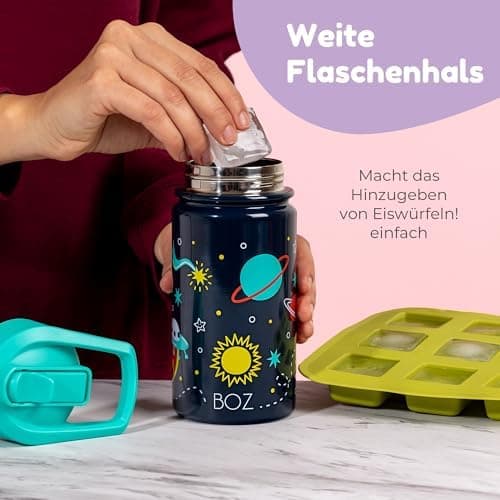 BOZ Isolierte Wasserflasche für Kinder | Edelstahl, doppelwandig, 414 ml | Praktisch und bequem mit Strohhalm-Deckel