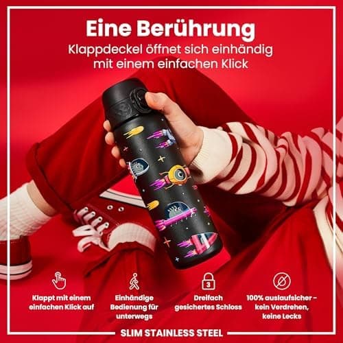 ion8 Leicht Stahl-Trinkflasche, 600 ml, Auslaufsicher, EineHandöffnung, Verriegelungsfunktion, Spülmaschinenfest, Klappd