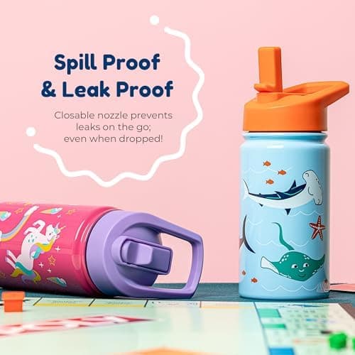 BOZ Isolierte Wasserflasche für Kinder | Edelstahl, doppelwandig, 414 ml | Praktisch und bequem mit Strohhalm-Deckel
