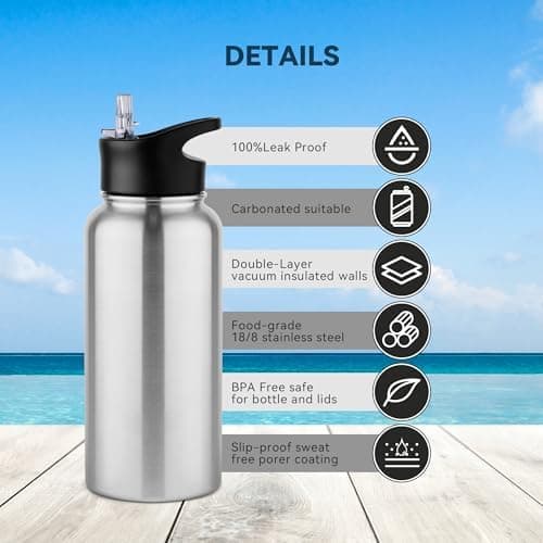 Edelstahl Trinkflasche - 1L - mit Strohhalm, BPA frei Thermosflasche,Vakuum Doppelwandisolierung für Sport,Schule und Fa