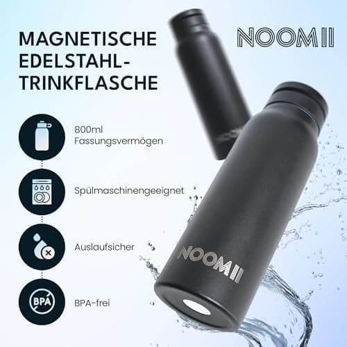NooMii Edelstahl Trinkflasche – 800ml Wasserflasche mit magnetischem Deckel & Strohhalm - Ideal für Büro & Sport (Schwar