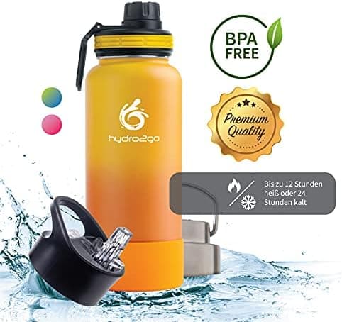 hydro2go Edelstahl Trinkflasche Mit Strohhalm, Bpa-Frei, Isolierflasche Für Kinder, Sport & Outdoor, 12h Heiß 24h Kalt H