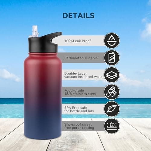 Edelstahl Trinkflasche - 1L - mit Strohhalm, BPA frei Thermosflasche,Vakuum Doppelwandisolierung für Sport,Schule und Fa