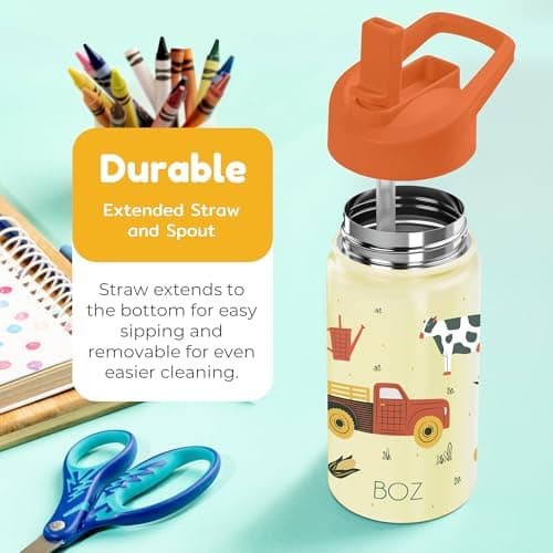 BOZ Isolierte Wasserflasche für Kinder | Edelstahl, doppelwandig, 414 ml | Praktisch und bequem mit Strohhalm-Deckel