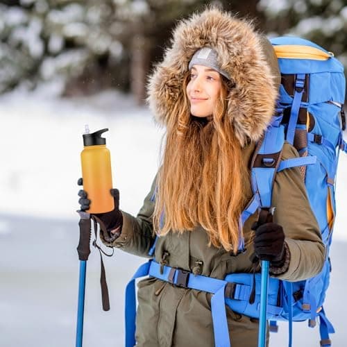 Edelstahl Trinkflasche - 1L - mit Strohhalm, BPA frei Thermosflasche,Vakuum Doppelwandisolierung für Sport,Schule und Fa