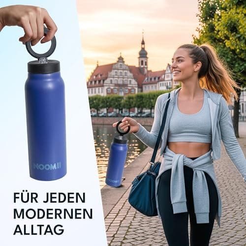 NooMii Edelstahl Trinkflasche – 800ml Wasserflasche mit magnetischem Deckel & Strohhalm - Ideal für Büro & Sport (Schwar