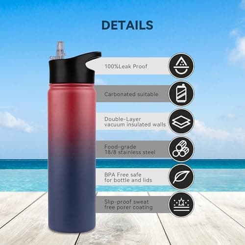 Edelstahl Trinkflasche - 1L - mit Strohhalm, BPA frei Thermosflasche,Vakuum Doppelwandisolierung für Sport,Schule und Fa