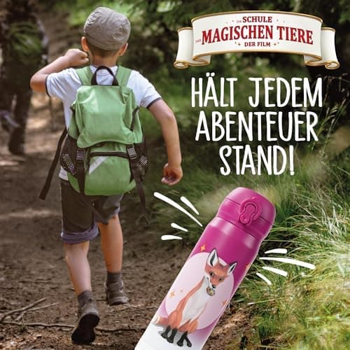 AWAVE Schule Magische Tiere Trinkflasche Kinder Edelstahl 380ml Blau Kohlensäure geeignet Thermosflasche Juri Einhandöff