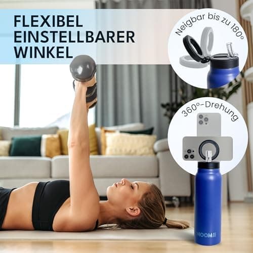 NooMii Edelstahl Trinkflasche – 800ml Wasserflasche mit magnetischem Deckel & Strohhalm - Ideal für Büro & Sport (Schwar