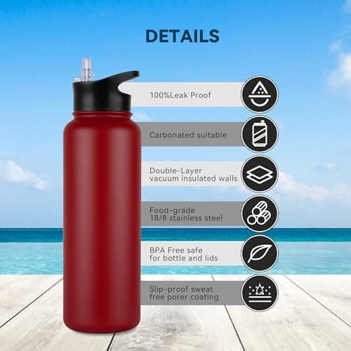 Edelstahl Trinkflasche - 1L - mit Strohhalm, BPA frei Thermosflasche,Vakuum Doppelwandisolierung für Sport,Schule und Fa