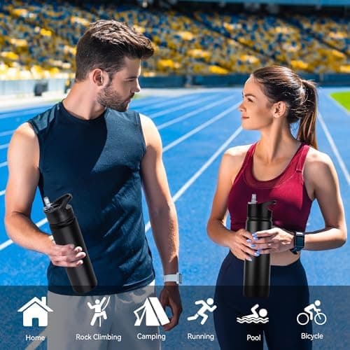 Edelstahl Trinkflasche - 1L - mit Strohhalm, BPA frei Thermosflasche,Vakuum Doppelwandisolierung für Sport,Schule und Fa