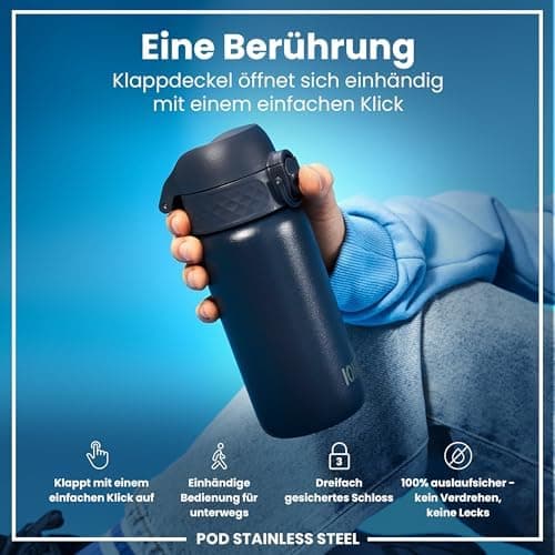 ion8 Kinder Trinkflasche Edelstahl 400ml Nicht Isoliert Sichere Verriegelung Spülmaschinenfest Klappdeckel Leicht zu Rei