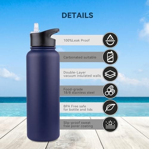 Edelstahl Trinkflasche - 1L - mit Strohhalm, BPA frei Thermosflasche,Vakuum Doppelwandisolierung für Sport,Schule und Fa
