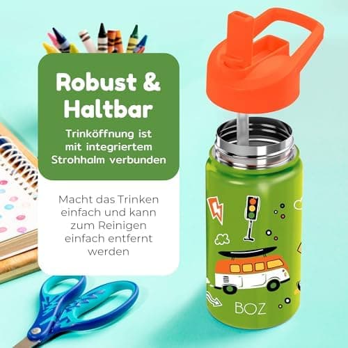 BOZ Isolierte Wasserflasche für Kinder | Edelstahl, doppelwandig, 414 ml | Praktisch und bequem mit Strohhalm-Deckel