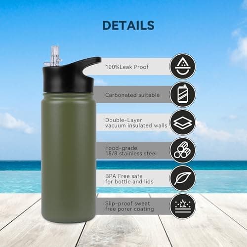 Edelstahl Trinkflasche - 1L - mit Strohhalm, BPA frei Thermosflasche,Vakuum Doppelwandisolierung für Sport,Schule und Fa
