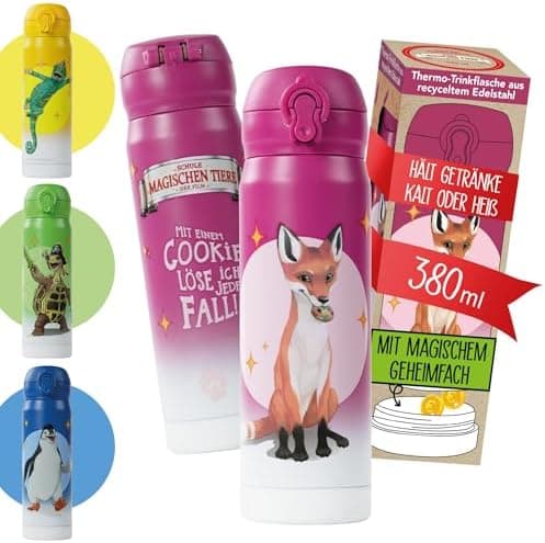AWAVE Schule Magische Tiere Trinkflasche Kinder Edelstahl 380ml Blau Kohlensäure geeignet Thermosflasche Juri Einhandöff
