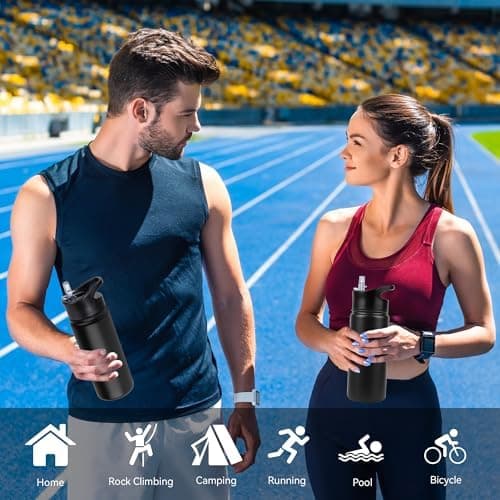 Edelstahl Trinkflasche - 1L - mit Strohhalm, BPA frei Thermosflasche,Vakuum Doppelwandisolierung für Sport,Schule und Fa