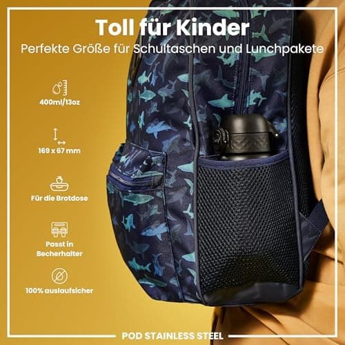 ion8 Kinder Trinkflasche Edelstahl 400ml Nicht Isoliert Sichere Verriegelung Spülmaschinenfest Klappdeckel Leicht zu Rei