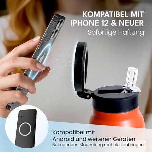 NooMii Edelstahl Trinkflasche – 800ml Wasserflasche mit magnetischem Deckel & Strohhalm - Ideal für Büro & Sport (Schwar
