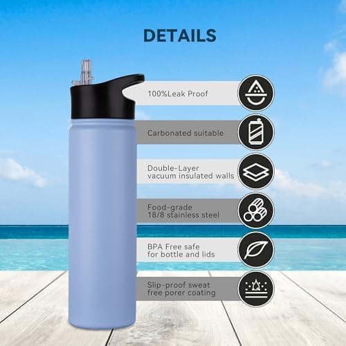 Edelstahl Trinkflasche - 1L - mit Strohhalm, BPA frei Thermosflasche,Vakuum Doppelwandisolierung für Sport,Schule und Fa