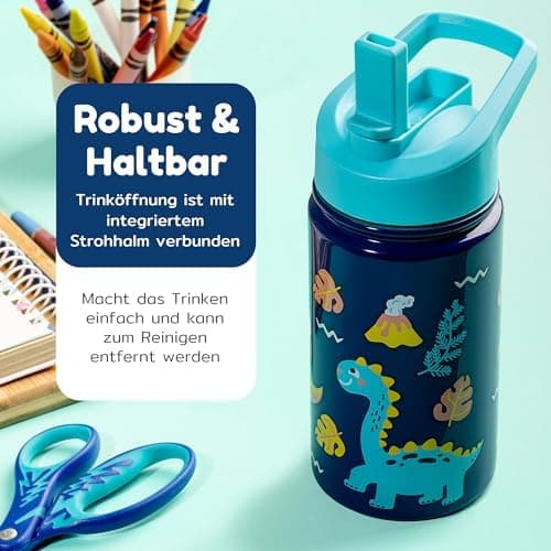 BOZ Isolierte Wasserflasche für Kinder | Edelstahl, doppelwandig, 414 ml | Praktisch und bequem mit Strohhalm-Deckel